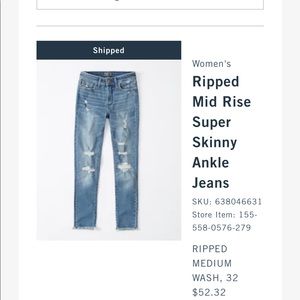 Abercrombie mid rise skinny jeans size 14